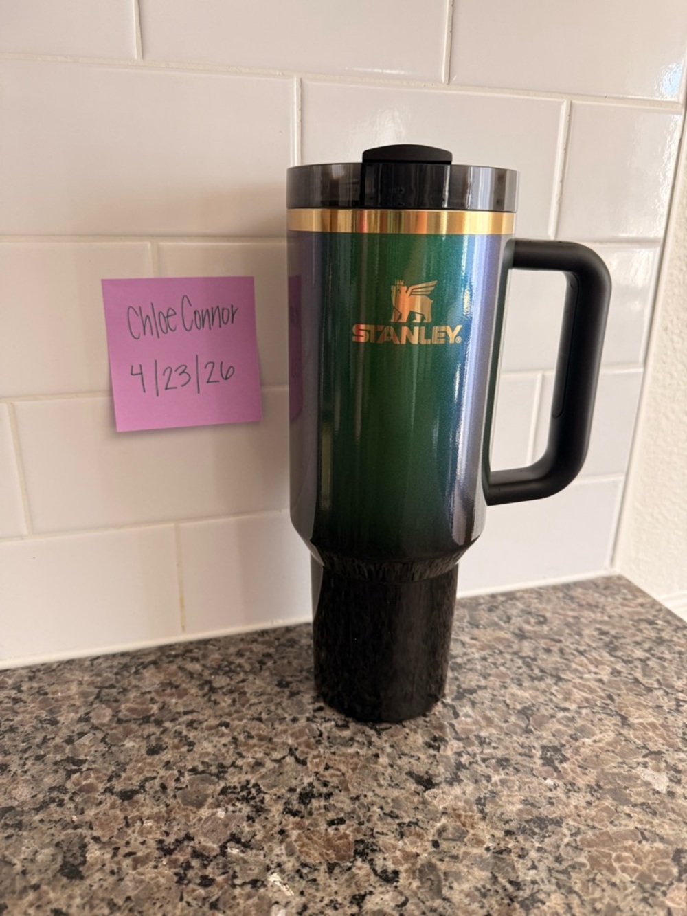 Stanley Green and Gold Insulated Travel Mug with Handle